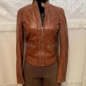 Vintage 90s Danier Brown Leather Fitted Moto Jacket size XXS-S